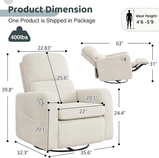 Swivel Rocker Recliner, Oversized Manual Nursery Glider Rocking Recliner Chair with Removable Cushion, Upholstered Corduroy Swivel Reclining Chair for Nursery Living Room Bedroom, Cream White