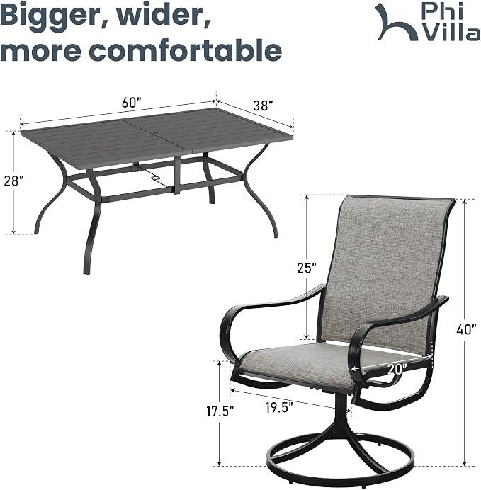 PHI VILLA 7 PCS Patio Dining Set, Rectangle Metal Table with 1.57" Umbrella Hole and 6 High Back Textilene Swivel Chairs, Suitable for All Weather