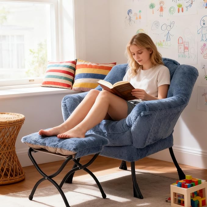 Welnow Lazy Chair with Ottoman, Modern Accent Chair with Armrests and a Side Pocket, Leisure Sofa Armchair Set, Reading Armchair with Footrest for Small Space, Plush Light Blue