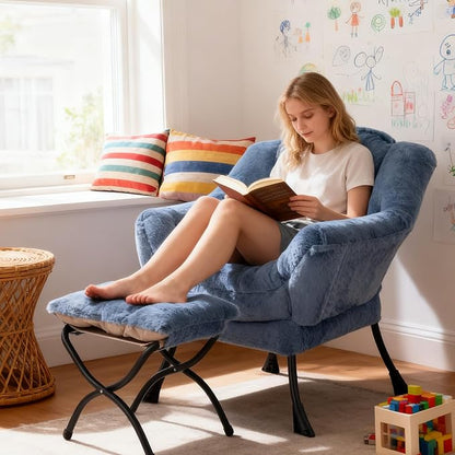 Welnow Lazy Chair with Ottoman, Modern Accent Chair with Armrests and a Side Pocket, Leisure Sofa Armchair Set, Reading Armchair with Footrest for Small Space, Plush Light Blue
