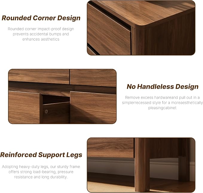 MAISONARIA Walnut 3-Piece Dresser Bedroom Set, 6 Drawers Dresser & 3 Drawer Nightstands with Hidden Handles, Wood Chest of Drawers for Bedroom, Living Room, Entryway