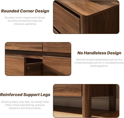 MAISONARIA Walnut 3-Piece Dresser Bedroom Set, 6 Drawers Dresser & 3 Drawer Nightstands with Hidden Handles, Wood Chest of Drawers for Bedroom, Living Room, Entryway
