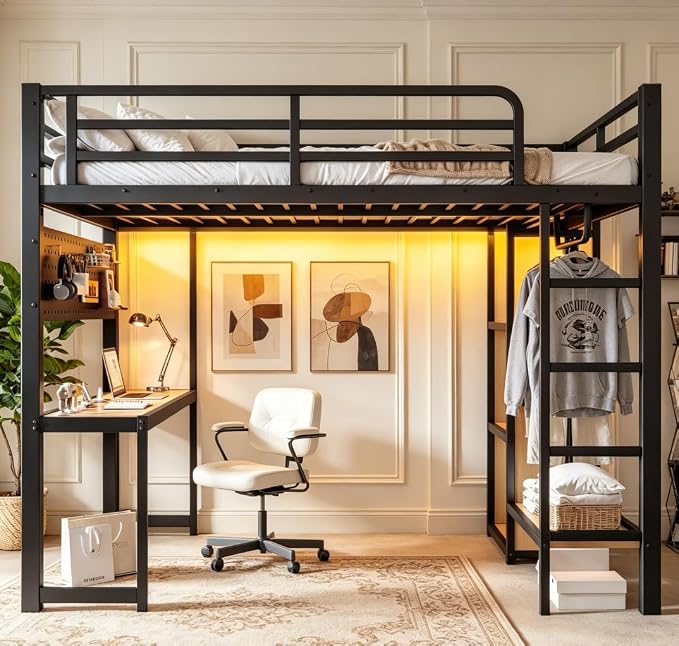 Bellemave Full Size Loft Bed with Desk,with USB Ports, Lights, and Hanging Rod, Cave Board Design, Metal Full Loft Bed Frame for Adults, Kids, Teens, Black