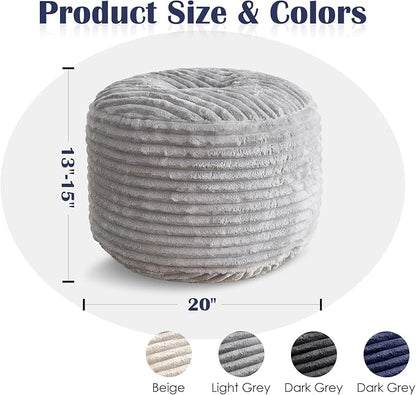 Round Ottoman,Corduroy Pouf Ottoman Foot Rest,Light Grey,20x15 IN | Storage Footstool for Living Room,20x15 Soft Floor Poufs,Memory Foam Filling,Footrest only