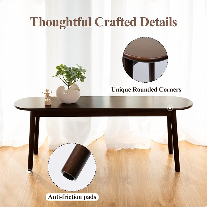 Entryway Bench, Solid Wood Dining Bench, Midcentury End of Bed Bench w/Rounded Corner, Outdoor Bench w/Robust Construction, Bedroom Bench, 10.24" W x 17.72" H（Walnut 47.2inches）