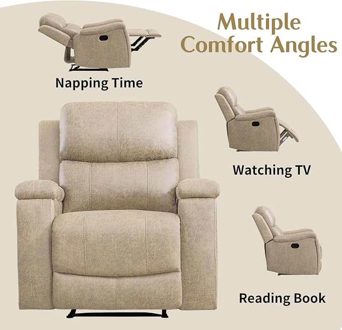CANMOV Leather Recliner Chair Set of 2, Classic and Traditional Manual Recliner Chair with Overstuffed Arms and Back, Manual Single Sofa with Concealed Cup Holders,Beige