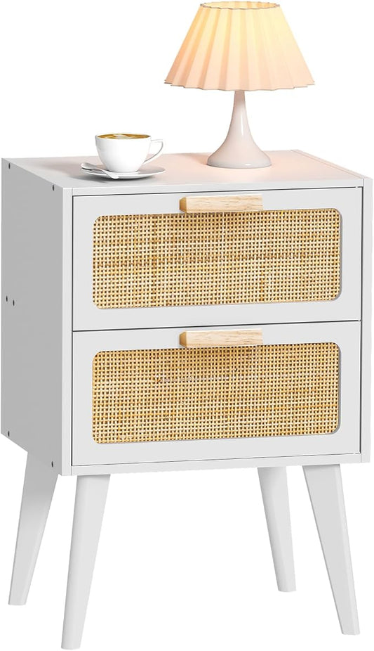 YAUKOMEL White Nightstand, Wood End Table, Side Table with 2 Hand Made Rattan Decorated Drawers,Boho Bedside Table,Wood Accent Table with Storage for Livingroom, Bedroom, White CTG59W