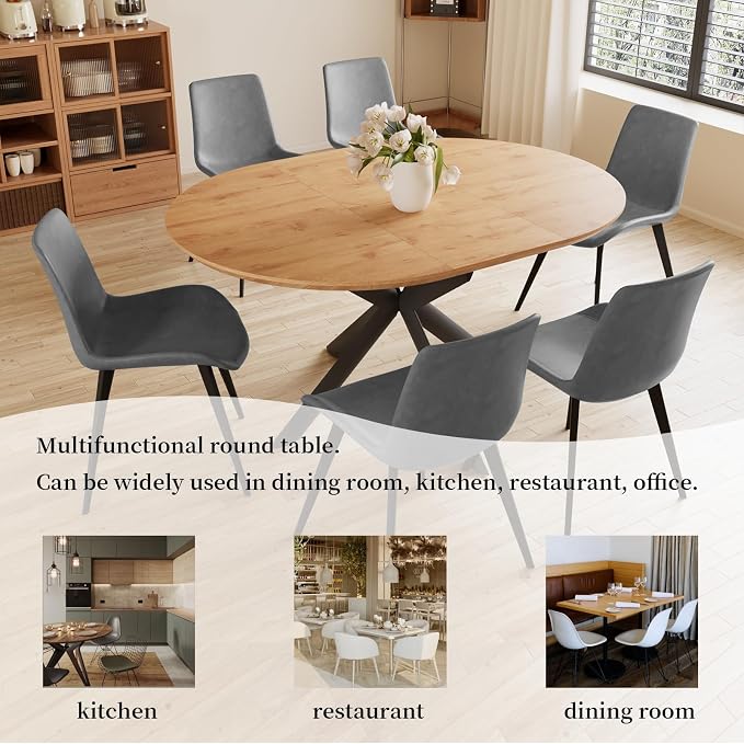 HIPIHOM 43.2"-59.1" Extendable Dining Kitchen Table with 6 PU Chairs | 6 leather chairs included, mid century modern round table, oak MDF top, scratch resistant, space saving design