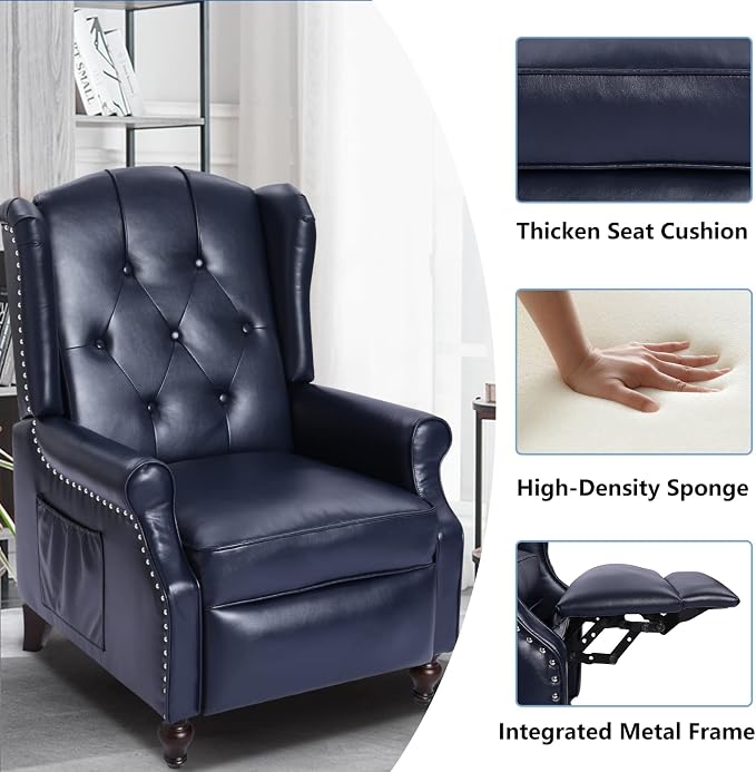Wingback Recliner Chair with Massage and Heat, PU Leather Push Back Arm Chair for Living Room, Wingback Recliner with Remote Control, Padded Cushion, Backrest, Wooden Legs