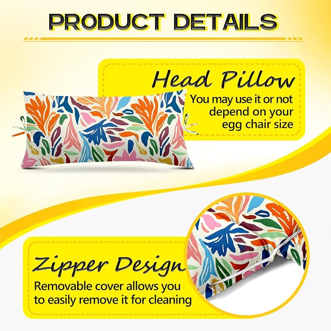 MAGIC ELEPHANT Egg Chair Cushion, Memory Foam Indoor Outdoor Hanging Egg Chair Cushion Replacement, Patio Basket Swing Cushion with Headrest (Multicolor Leaves)