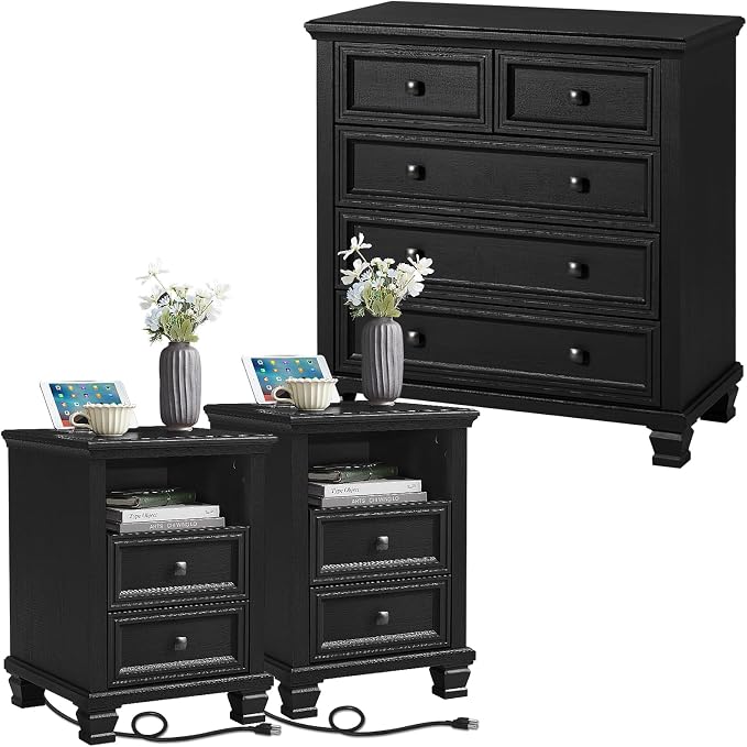 SAVOR LIFE Farmhouse Dresser and Nightstand Sets of 3, 5 Drawer Dresser & 2 Drawer Nightstand, Rustic Black Bedroom Furniture Set for Home, Bedroom, Hallway, Black