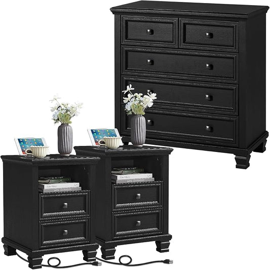 SAVOR LIFE Farmhouse Dresser and Nightstand Sets of 3, 5 Drawer Dresser & 2 Drawer Nightstand, Rustic Black Bedroom Furniture Set for Home, Bedroom, Hallway, Black