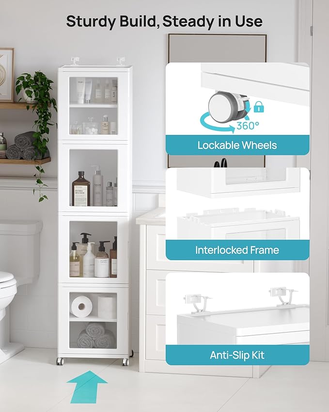 Vtopmart 63.2" Tall Slim Bathroom Storage Cabinet with 4 Adjustable Shelves and 4 Doors, Freestanding Cabinets Organizer with Wheels and Anti-tip for Laundry, Kitchen, Pantry, White