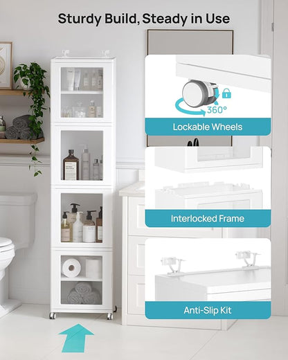 Vtopmart 63.2" Tall Slim Bathroom Storage Cabinet with 4 Adjustable Shelves and 4 Doors, Freestanding Cabinets Organizer with Wheels and Anti-tip for Laundry, Kitchen, Pantry, White