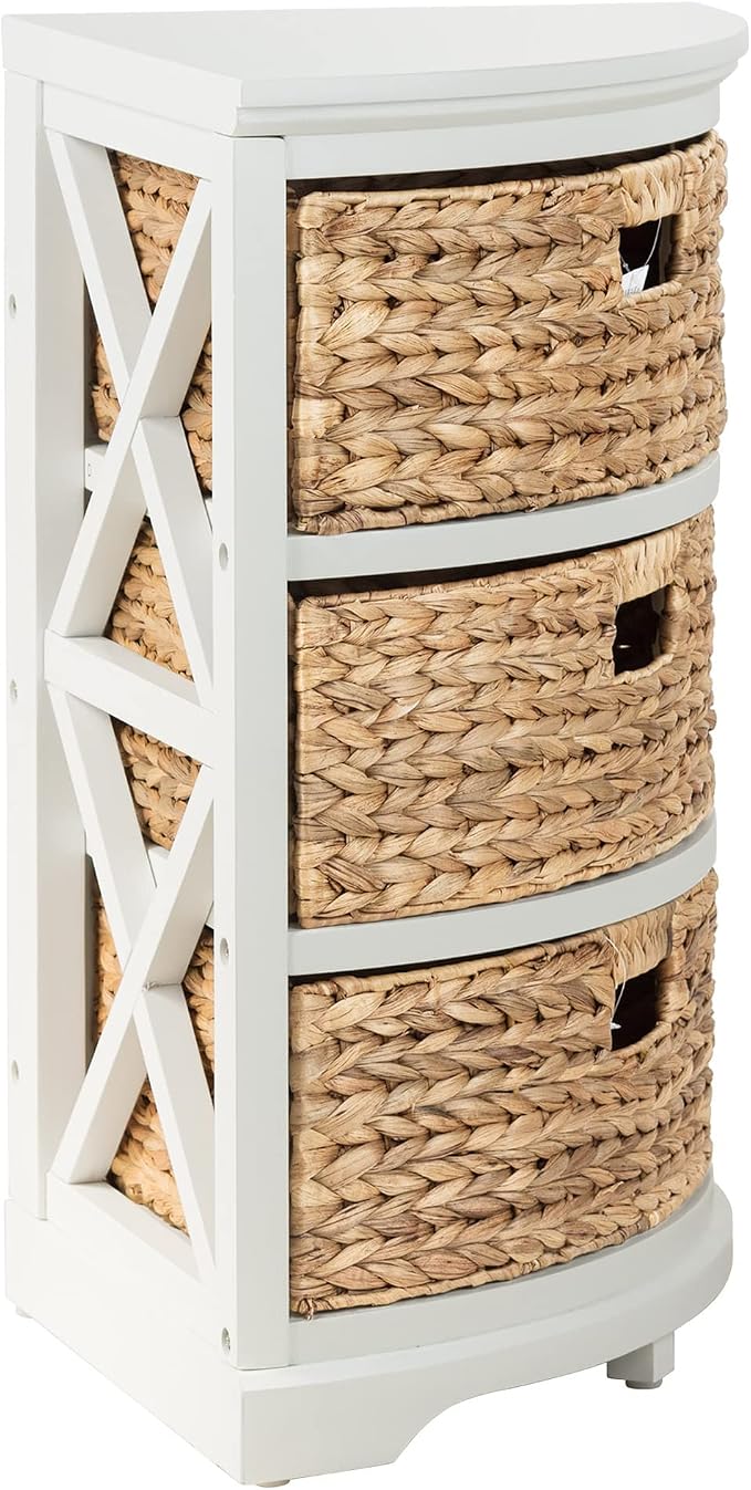 eHemco Hampton Meadows 3-Tier End Table, White, 14 x 14 x 25.5 Inch | 3 Wicker Baskets
