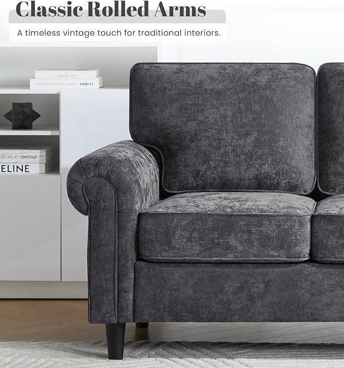 Kingfun 3 Seater Couch, Mid Century Modern Sofa with Rolled Arms and Deep Seats, Fluffy Comfort for Living Room, Apartment, Easy Assembly, Gray