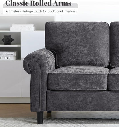 Kingfun 3 Seater Couch, Mid Century Modern Sofa with Rolled Arms and Deep Seats, Fluffy Comfort for Living Room, Apartment, Easy Assembly, Gray