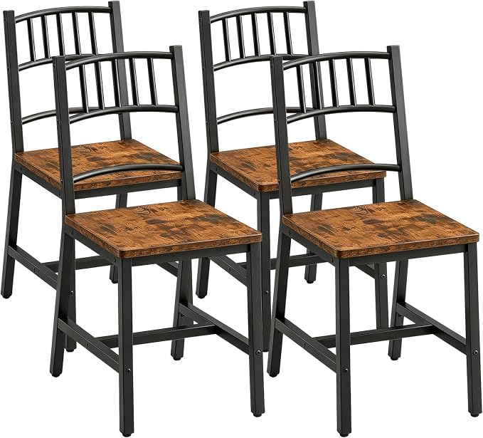 HOOBRO Dining Chairs Set of 4, Wooden Kitchen Chairs with Metal Frame, Industrial Dining Chairs with Back, Easy to Assemble, Farmhouse Dining Chairs for Living Room, Rustic Brown and Black BF39CDP401