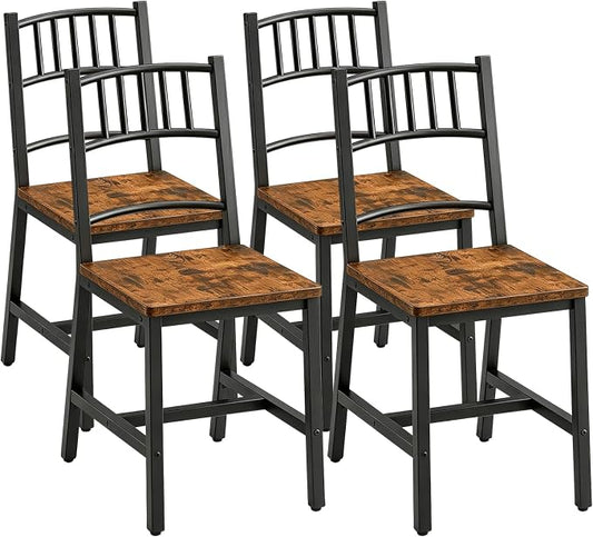 HOOBRO Dining Chairs Set of 4, Wooden Kitchen Chairs with Metal Frame, Industrial Dining Chairs with Back, Easy to Assemble, Farmhouse Dining Chairs for Living Room, Rustic Brown and Black BF39CDP401