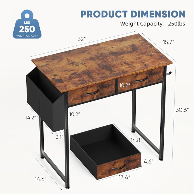 DUMOS 32" Small Home Office Computer Desk with Drawers, Gaming Writing Study Table with Storage Side Bag, Headphone Hook and Adjustable Feet for Bedroom and Escritorio, Brown