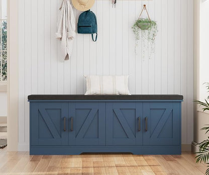 HOMSHO Farmhouse Shoe Storage Bench with 4 Barn Doors & Padded Seat Cushion | 47.2" Wide Entryway Bench with Adjustable Shelves & Hidden Storage, Blue