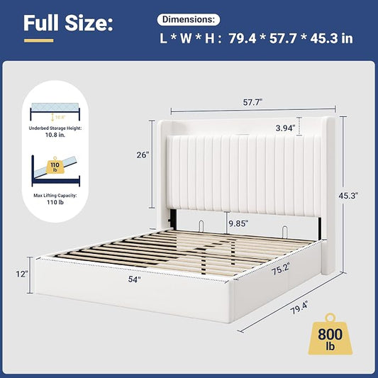 Allewie Full Size Lift Up Storage Bed Frame,Storage Shelf Headboard with Charging Station,Type-C and USB Ports,Hydraulic Support,Velvet Upholstered Bed Frame,No Box Spring Needed,White