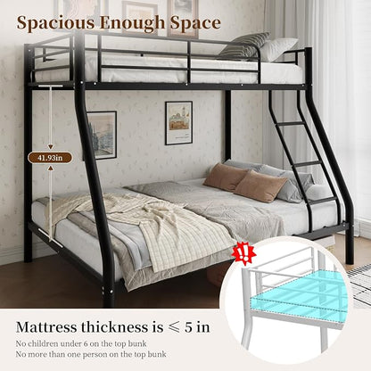 Metal Twin Over Full Bunk Bed丨 Bunk Beds Twin Over Full Size with Ladder | Heavy Duty Bunk Bed for Adults, Metal Bunk Bed for Dorm, Bedroom, Apartment, 440 lbs Capacity,No Box Spring Needed (Black）