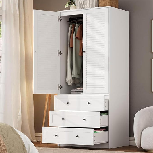 GarveeHome Armoire Wardrobe Closet with Drawers, 69.5 in Wooden Wardrobe Cabinet with Hanging Rod, 2 Doors Clothing Storage Cabinet for Bedroom, Large Capacity Storage, Louvered Door, White