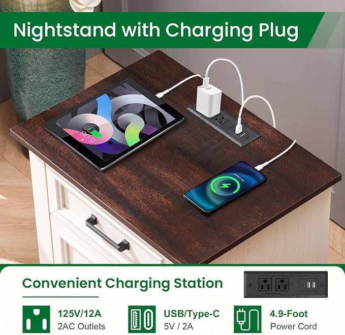 22-Inch Wide Modern Nightstand with Charging Station, End Table with 3 Large Drawers, Simple Design Bedside Table for Bedroom and Office,White(Single Piece)