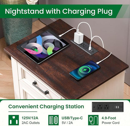 22-Inch Wide Modern Nightstand with Charging Station, End Table with 3 Large Drawers, Simple Design Bedside Table for Bedroom and Office,White(Single Piece)
