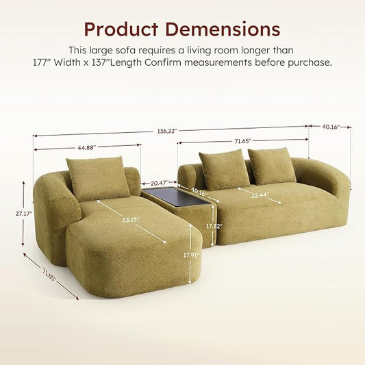 Relefree 136" Curved Modular Sectional Sofa, Boneless Couch with Movable Coffee Table, High-Resilience Foam, Couches for Living Room, Oversized, Chenille, Cloud Comfort, Thick Backrest Green