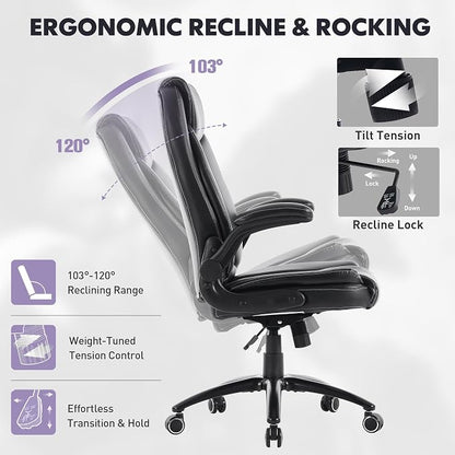 MALOL 300lbs Office Chair with Flip-Up Armrests & Reclining Backrest, Ergonomic PU Leather Executive Desk Chair-Adjustable Height & Tilt Tension, Black