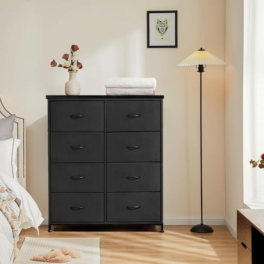 DUMOS 8 Drawer Dresser for Bedroom, Fabric Storage Organizer with Sturdy Metal Frame, Wooden Top Chest of Drawers for Closet Entryway Guest Room,Matte Black