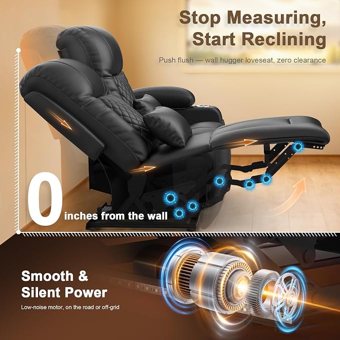 Power RV Loveseat Recliner Sofa, Reclining Loveseat Home Theater Seating with USB Ports, Cup Holders, Wall Hugger Recliners for Movie Room, Recline Movie Seats Gaming Sofa, Black