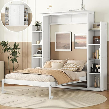 MERITLINE Full Murphy Bed Kit with Storage 8 Shelves and LED Lights, Wood Murphy Bed Cabinet Murphy Bed in a Cabinet White Murphy Wall Bed Units Full Size, LP00069
