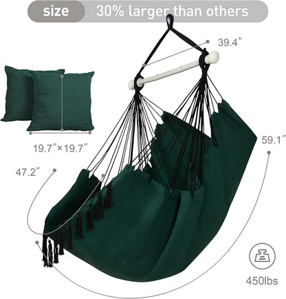 SUNCREAT Hammock Chair Hanging Rope Swing Seat-Max 450lbs Capacity, Extra Large Hanging Swing with Metal Support Bar, Side Pocket, Tassel, Green