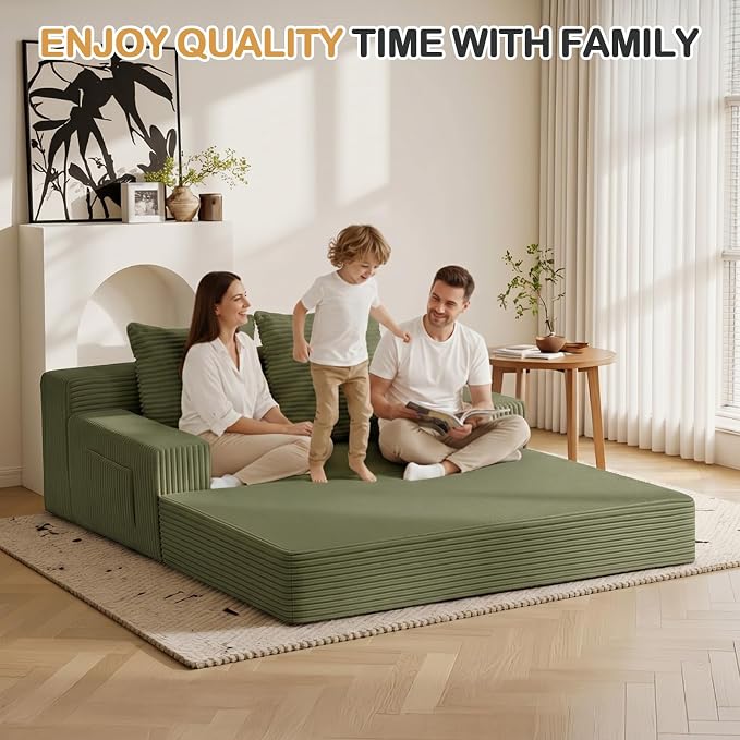 Erament Boneless Loveseat Convertible Sofa Bed, Folding Floor Futon Sleeper Sofa Couch Bed- Boneless Foldable Couch, Corduroy Pull Out Sofa Bed with 2 Pillows for Living Room & Bedroom