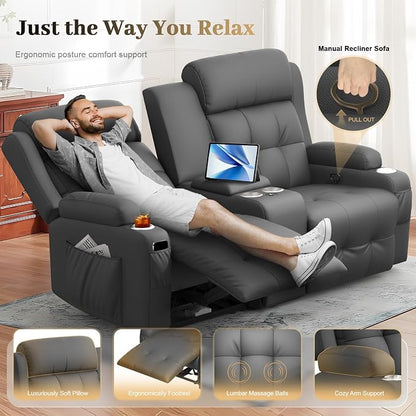Reclining Loveseat, Massage Loveseat Recliner Sofa Heavy Weight Capacity, RV Love Seat Chair Clearance with Console, USB, Type C Port, Storage, Cup Holders, Wall Hugger Couch for Living Room