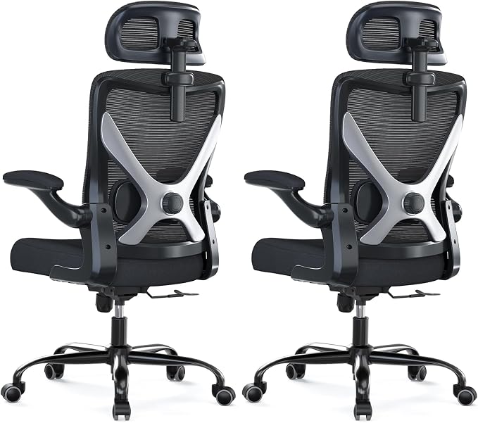 Ergonomic Office Chair - X-Shaped Computer Desk Chair Comfy, Gaming Chair, Office Chair with Lumbar Support, Mesh Office Chairs with Headrests, Desk Chair for Long Hours, Black Silver, Pack of 2