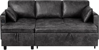 84" Suede Leather Pull Out Sofa Bed w/Adjustable Backrest, Sectional Sleeper Couch w/Storage Chaises and Armrest Pillows, U-Shape Sofa Bed w/USB Port for Living Room, House, Black