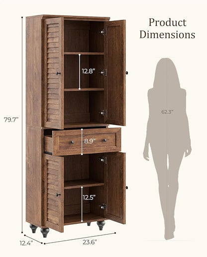 80" Tall Storage Cabinet with Louvered Doors and Adjustable Shelves, Farmhouse Kitchen Pantry Cabinet, Freestanding Storage for Dining Room, Living Room, Home Office, Bathroom, Cracked Oak