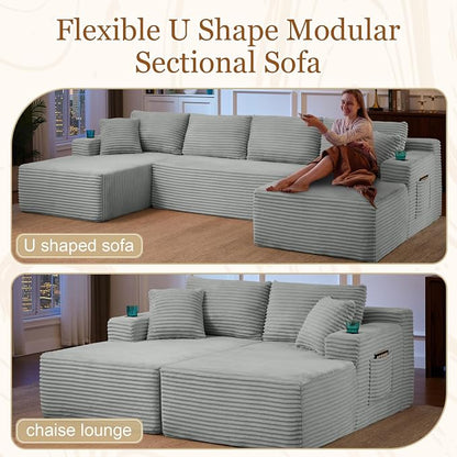 125" Modular Sectional Sleeper Sofa, Boneless Cloud Couch for Living Room, U Shaped 5 Seat Sofa with 2 Storage Pockets& 2 Cup Holders, Free Combination, No Assembly Required (Light Grey, 125")