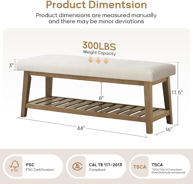 Entryway Bench with Cushion, Upholstered Shoe Rack Bench with Solid Wood Shelf, 44" End of Bed Bench for Bedroom, Chenille Fabric Storage Bench for Entryway, Hallway, Living Room (Beige)