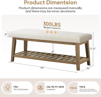 Entryway Bench with Cushion, Upholstered Shoe Rack Bench with Solid Wood Shelf, 44" End of Bed Bench for Bedroom, Chenille Fabric Storage Bench for Entryway, Hallway, Living Room (Beige)