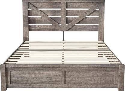 AMERLIFE Full Size Bed Frame with 49.2" Barn Door Headboard and Footboard, Farmhouse Platform Bed Frame with Wood Slats, No Box Spring Needed, Under Bed Storage, Rustic Gray