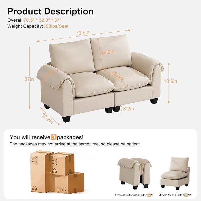 70.5" Faux Leather Modular Sectional Loveseat Sofa, Oversized 2 Seater Upholstered Couch with Curved Armrests, Cloud Modern Deep Seat Love Seat Sofa for Living Room, Beige