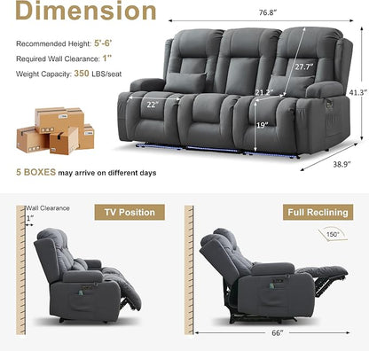 URRED Power Loveseat Recliner Sofa with Massage and Heat, Wall Hugger Reclining Loveseat with Console, RV Couch Home Theater Seating with LED Lights for Living Room (Blue Grey, 76.8" - 3 Seats)