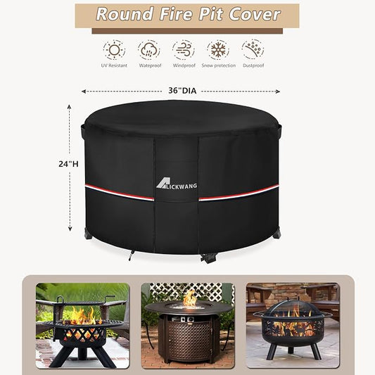 Fire Pit Cover Round 36 Inch Waterproof,Outdoor Heavy Duty Durable 600D Tear-Resistant Fire Pit Table Cover,Patio Round Firepit Cover 36" D x 24" H, Black