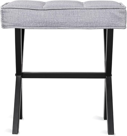 LUE BONA Vanity Stool - Square Linen Makeup Seat With Metal X Legs, Small Ottoman Chair for Makeup Room, Living Room, Bathroom - Modern Padded Foot Rest, Dark Gray