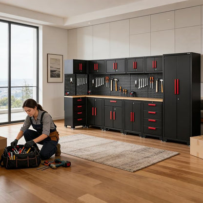 Garage Storage Cabinet System,16PCS Garage Cabinets and Storage System Corner Workshop Set with Corner Cabinet, Cabinet Drawers, Workbench, Pegboard for Tool Organization, Black Red